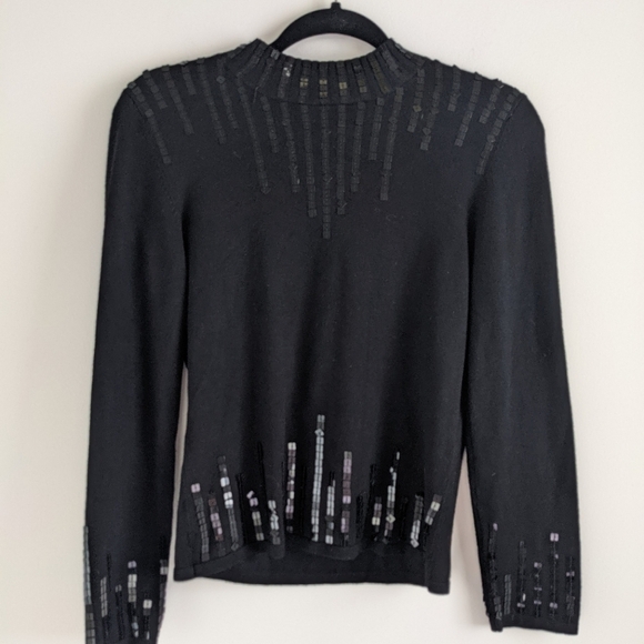 VINTAGE Black Mock Neck Square Line Sequin Sweater S - Picture 2 of 9